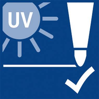 Symbol UV ochrany se sluncem a zaškrtnutím; upozornění na ochranu před ultrafialovým zářením.