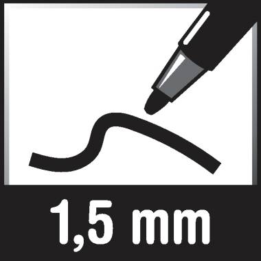 '1,5 mm' shrnuje tloušťku čáry černého pera, znázorněnou pomocné příkladové kresby.