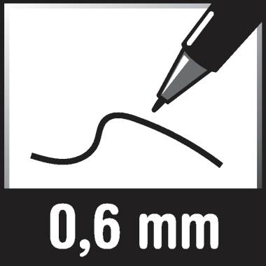 Kuličkové pero s tloušťkou stopy 0,6 mm, znázorněné zvlněnou linkou. Ideální pro přesné psaní.