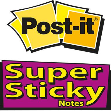 Logo poznámkových lístků 'Post-it Super Sticky Notes' v žlutých a fialových tónech.