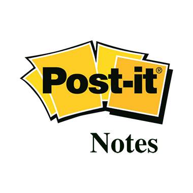 Logo Post-it s žlutými poznámkovými lístky za černým nápisem 'Post-it'; pod ním je nápis 'Notes' zelenou barvou