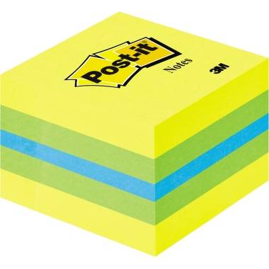 Zásobník barevných samolepicích poznámkových lístků ve žluté, modré a zelené barvě s logem 'Post-it' v horní části.