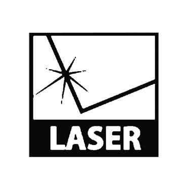 Výstražný symbol pro laserové záření s hvězdou, laserovým paprskem a slovem 'LASER' velkými písmeny pod ním.