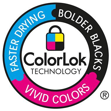 Logo s nápisem 'ColorLok Technology' uprostřed, obklopený barevnými segmenty: Modrá 'Rychlejší schnutí', Černá 'Sytější černá', Růžová 'Živé barvy'.