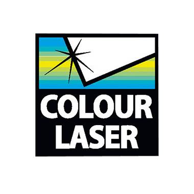 Logo s barevnými pruhy přecházejícími z modré do žluté a hvězdným symbolem. Pod ním je bílým písmem nápis 'COLOUR LASER' na černém pozadí.