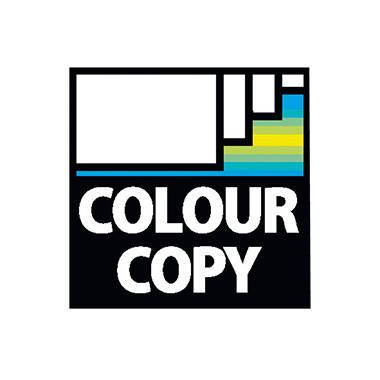 Logo s nápisem 'COLOUR COPY', pod kterým se nacházejí barevné přechody od bílé přes modrou a zelenou až po žlutou, lemované černým orámováním.