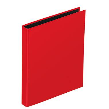 Červená pořadač s černým hřbetem, stojící a zavřený.