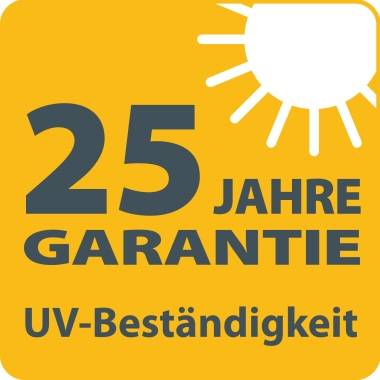 "25 let záruky UV odolnosti" na žlutém pozadí se symbolem slunce v pravém horním rohu.
