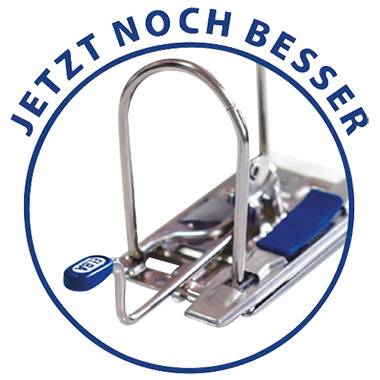 Kovový mechanismus pořadače s pákou, v kruhu s textem 'NYNÍ JEŠTĚ LEPŠÍ'.