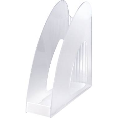 Průhledný plastový stojan na časopisy s elegantně zvlněným designem. Ideální pro ukládání časopisů nebo dokumentů.