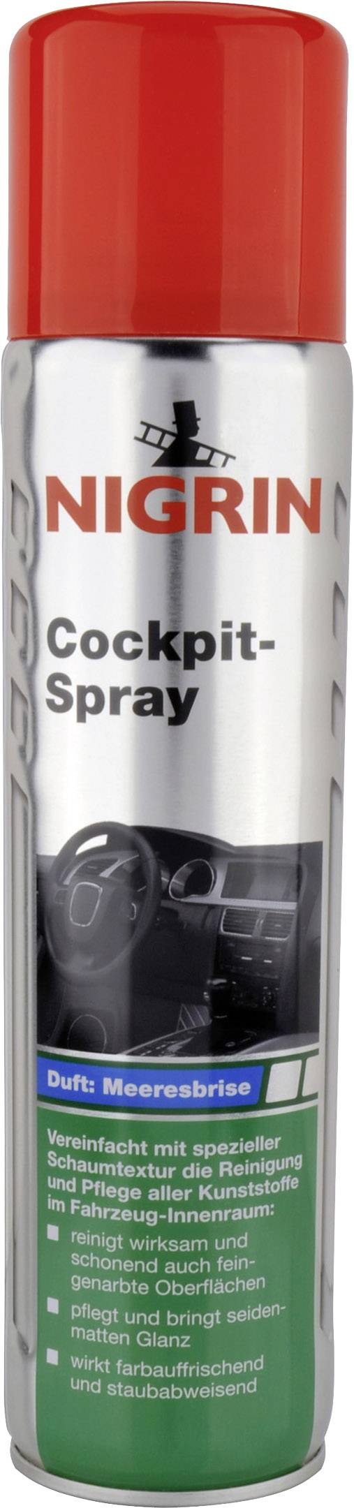 Sprej 'Nigrin Cockpit-Spray' s vůní 'Mořský vánek'. Určen k čištění a ošetřování plastových povrchů v automobilu.