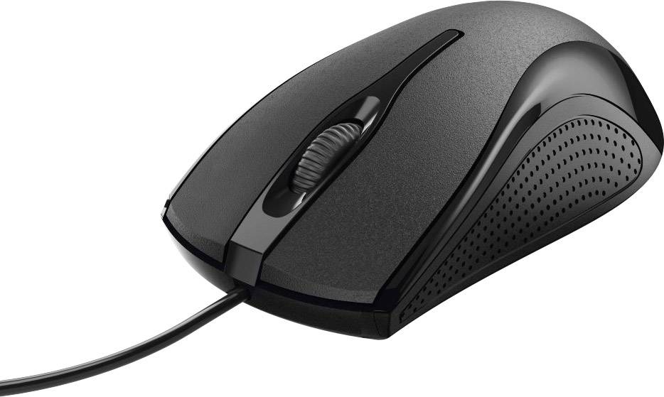 Černá kabelová počítačová myš s ergonomickým designem a kolečkem pro scrollování, umístěná na bílém pozadí.