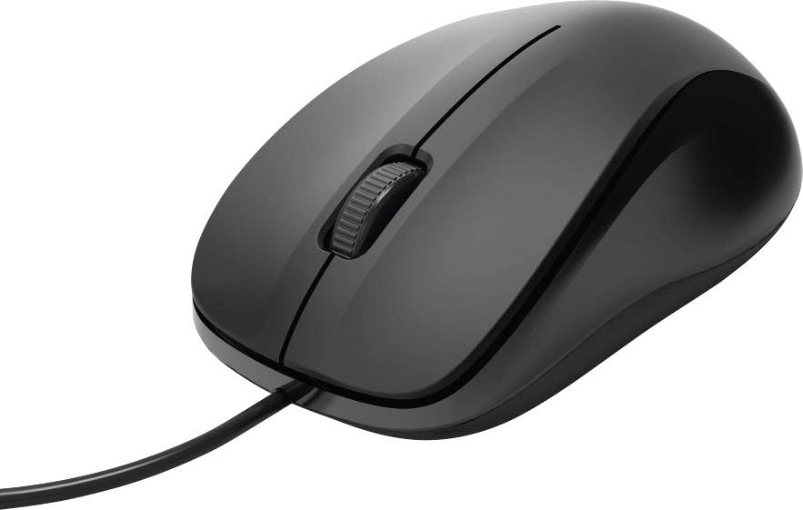 Černá drátová počítačová myš s kolečkem pro posun, vhodná pro uživatele v kanceláři nebo doma k navigaci na počítači.