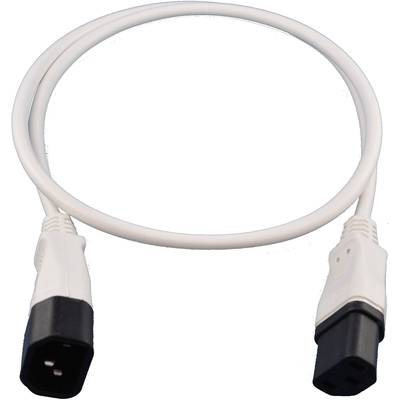 Bílý síťový kabel s konektory C13 a C14, vhodný pro připojení elektronických zařízení ke zdroji napájení.