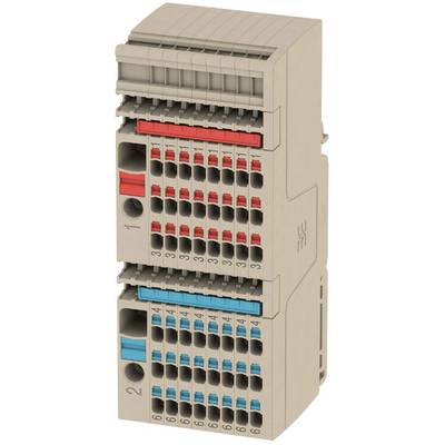 Modulární elektrický konektor s barevně označenými svorkami v červené a modré barvě, číslovanými od 1 do 12.