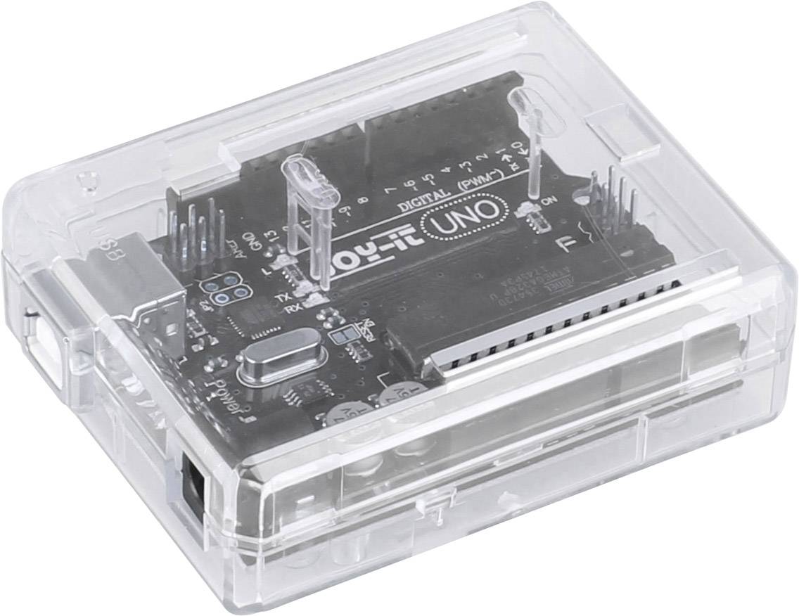 Deska mikrokontroléru Arduino Uno v průhledném pouzdře, které odhaluje elektronické obvody a piny.