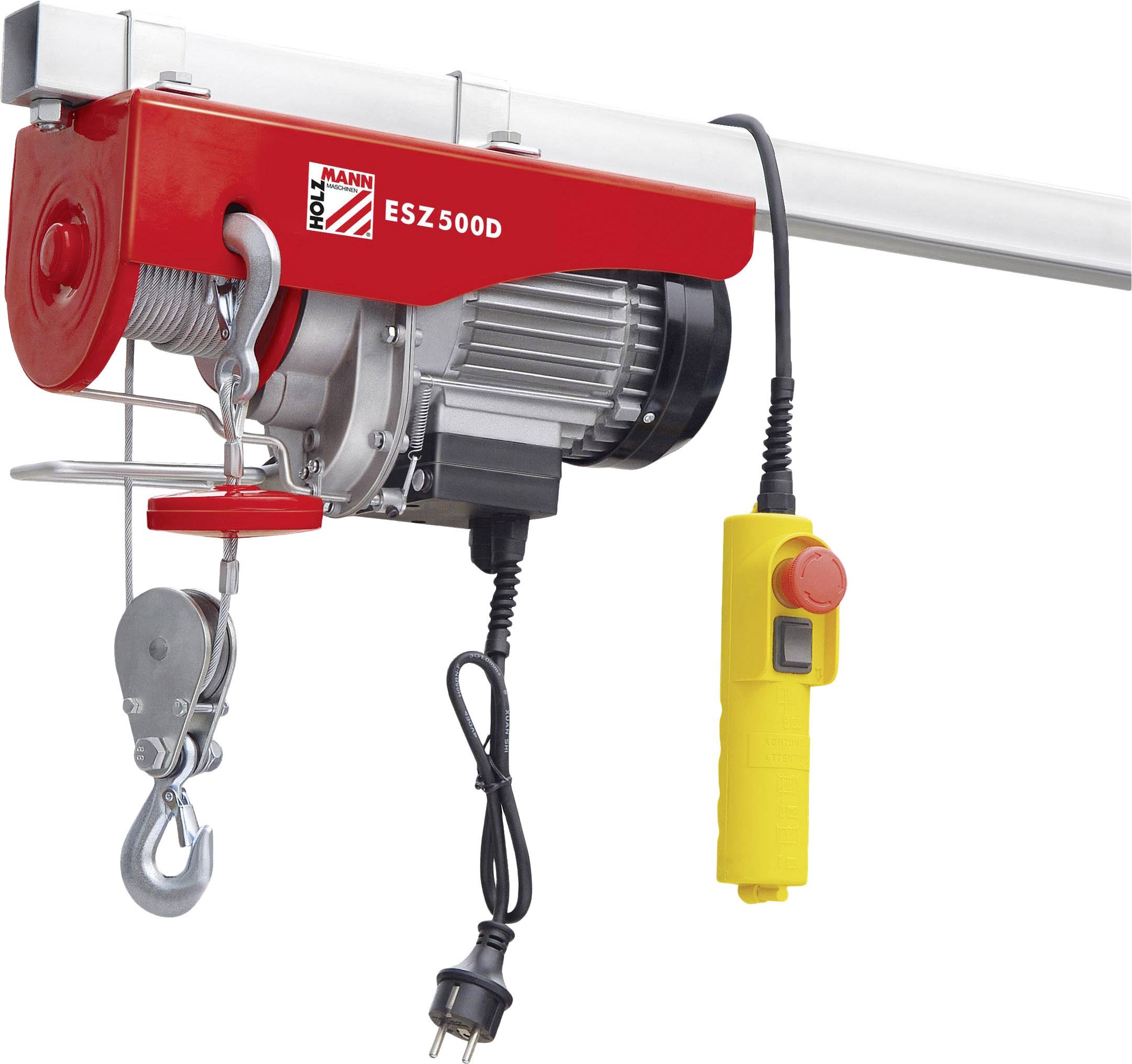 Červený elektrický lanový naviják s označením 'HOLZMANN ESZ500D', s hákem a žlutým dálkovým ovládáním, namontovaný na kovové kolejnici.
