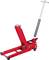 Červený hydraulický zvedák s pákou namontovaný na kolečkách, používaný pro zvedání vozidel nebo těžkých břemen.