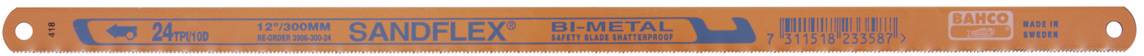 Pilový list s nápisem 'SAND FLEX' a 'BI-METAL'. Logo značky vlevo, rozměry '12 x 1/2 x 0,025'.