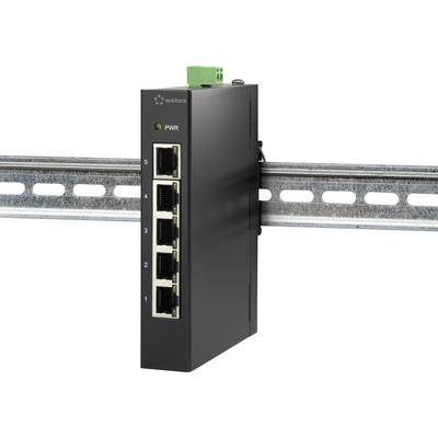 Černý síťový přepínač s pěti ethernetovými porty, namontovaný na kolejnici.