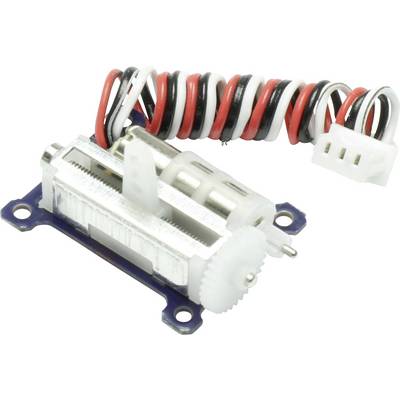 Malý elektromechanický servomotor s integrovanými ozubenými koly a vícebarevnými vodiči, typický pro jemně motorické řízení.