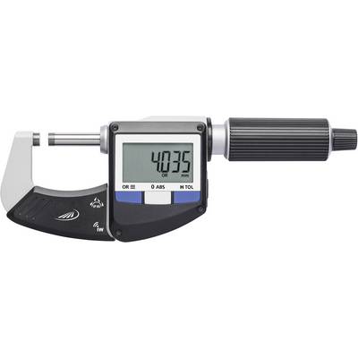 Digitální mikrometr s LCD displejem ukazuje '40,35 mm'. Přístroj pro přesná měření v černém a stříbrném provedení.