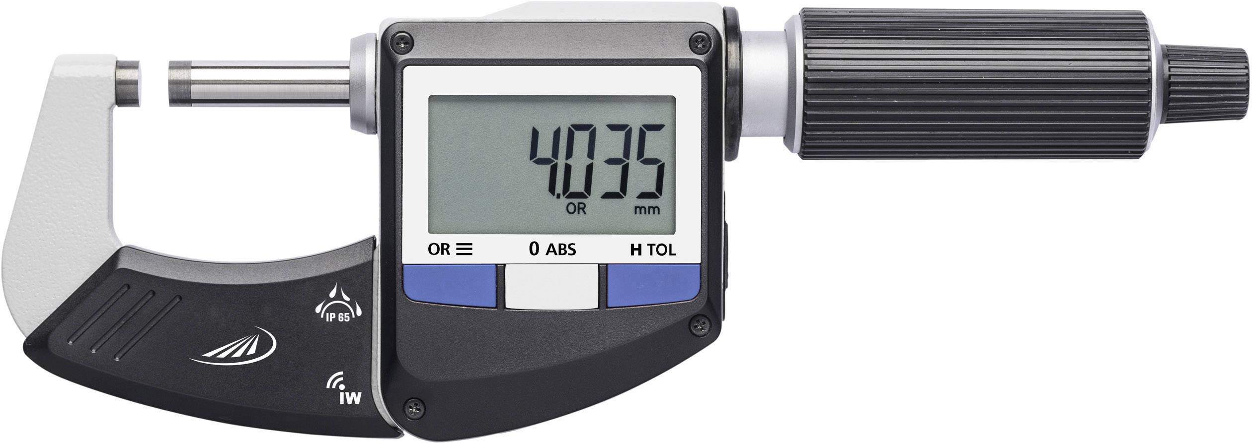 Digitální mikrometr s displejem '40,35 mm'. Používá se k přesnému měření objektů. Černý se stříbrnými a modrými akcenty.