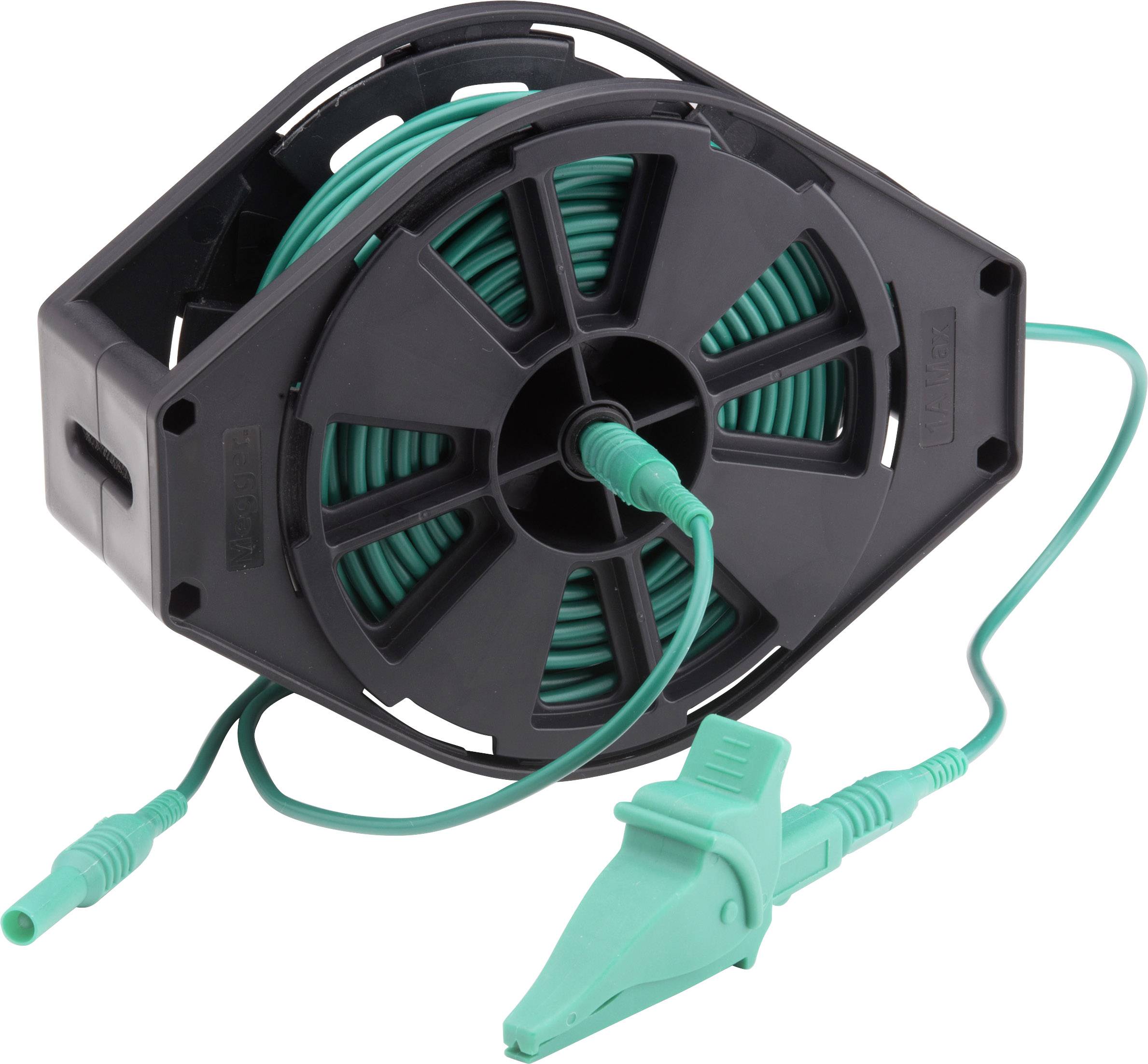Zelený prodlužovací kabel na černém bubnu, vhodný pro použití v řemeslných nebo technických oblastech.