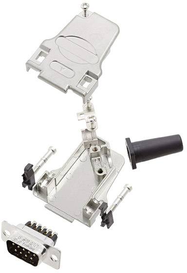 Rozložený nákres kovového konektoru skládajícího se z několika komponent, včetně pouzdra, pinů a krytu.