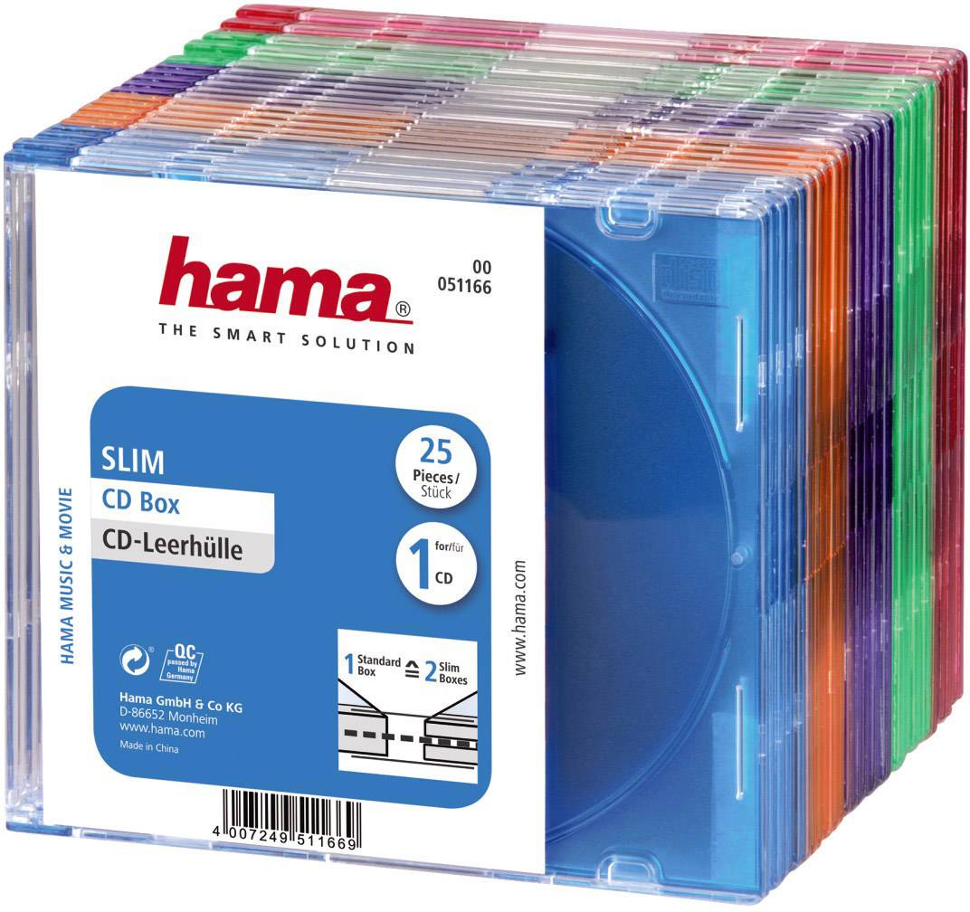 Vícebarevné, štíhlé obaly na CD od značky Hama v průhledné krabici, 25 kusů v balení, vhodné pro jednotlivé CD.