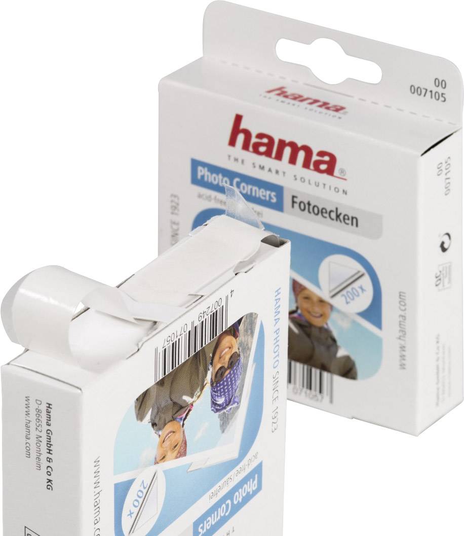 Dvě krabičky 'Hama fotorohy'. Jedna stojí svisle, druhá leží, obě zobrazují použití fotorohu.
