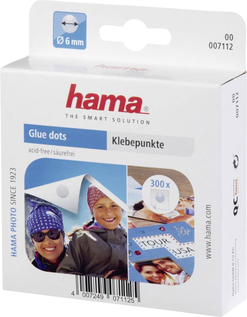 Balení lepicích bodů od Hama, obsahuje 300 kyselineodolných lepicích bodů o průměru 6 mm. Balení zobrazuje příklady použití.