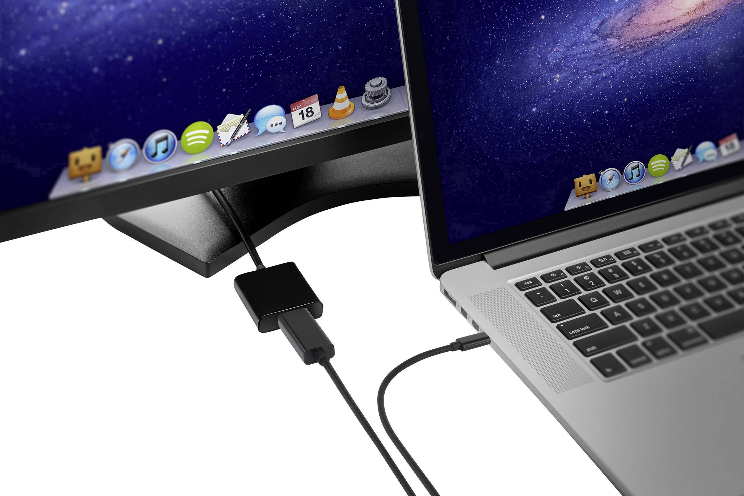 Notebook je připojeno kabelem k externímu monitoru, který zobrazuje plochu s ikonami. Důraz je kladen na propojení.