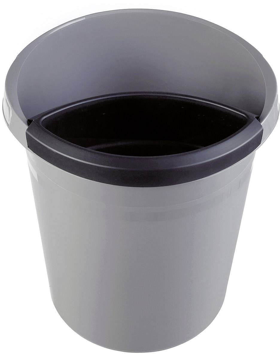 Šedý plastový odpadkový koš s výklopným víkem, pohled shora.