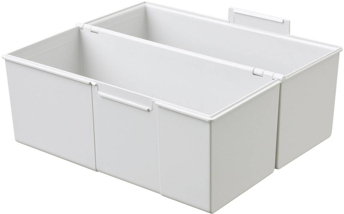 Třídílný, obdélníkový úložný box z bílého plastu, ideální pro organizaci drobných předmětů nebo dokumentů.