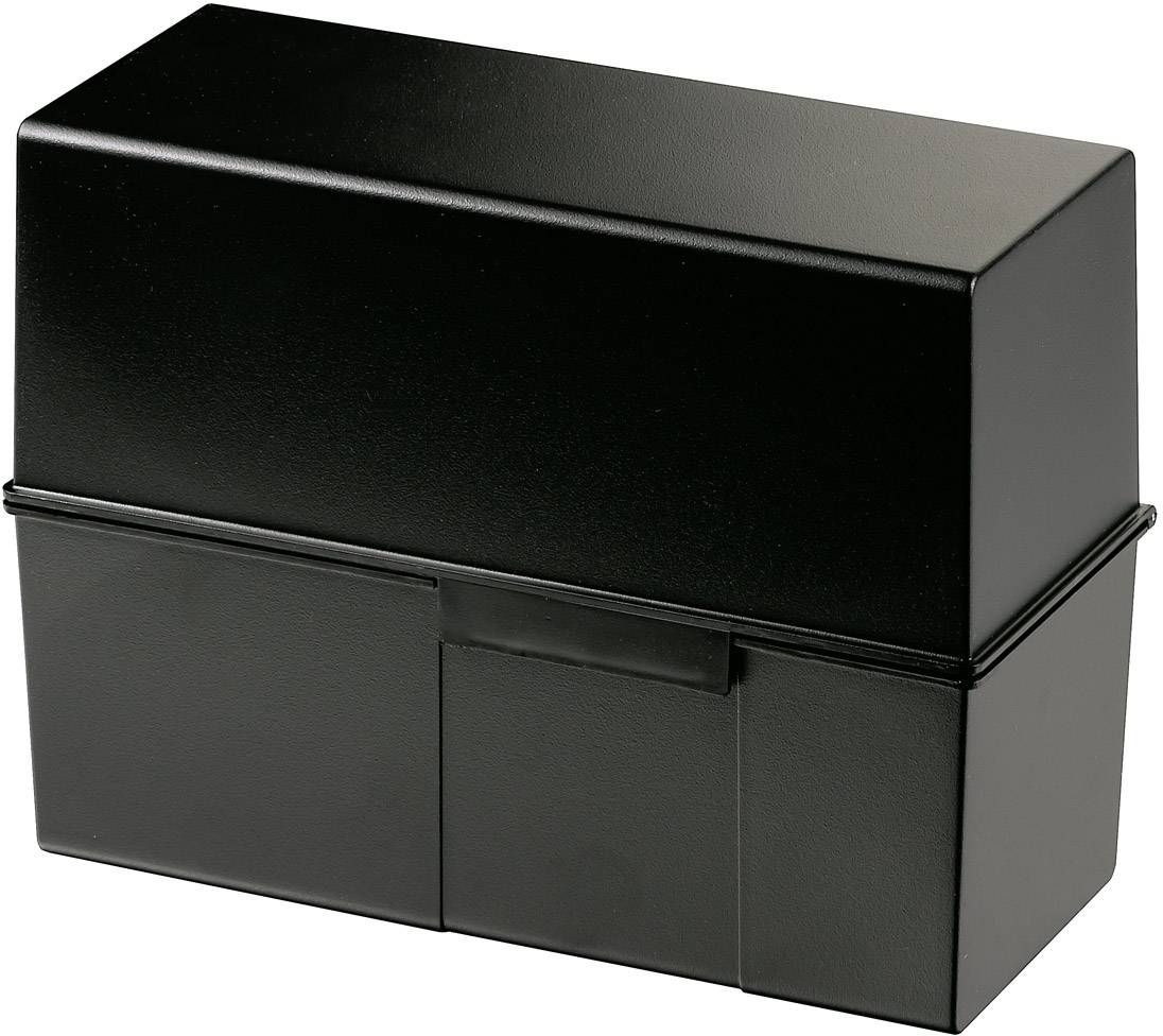 Černý plastový úložný box s odnímatelným víkem, obdélníkového tvaru a hladkým povrchem.