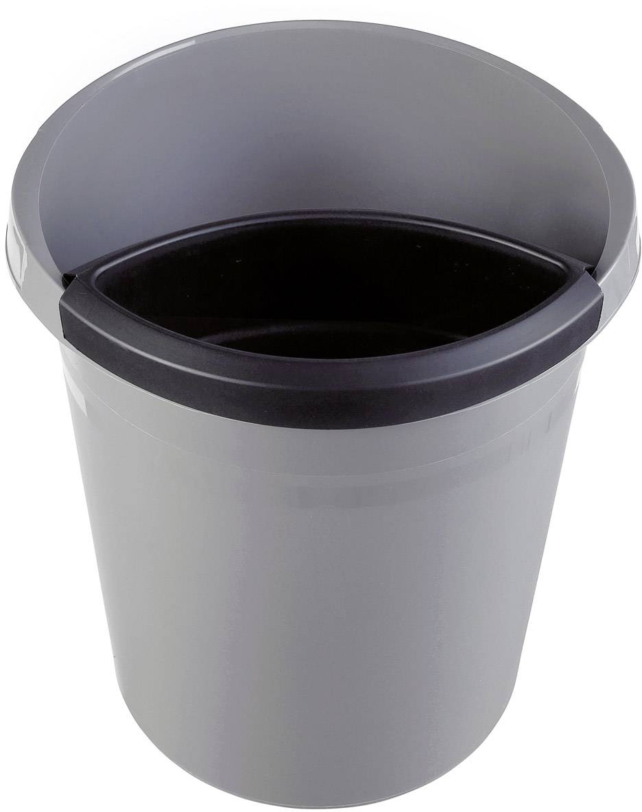 Šedý odpadkový koš s černým víkem, otevřený.
