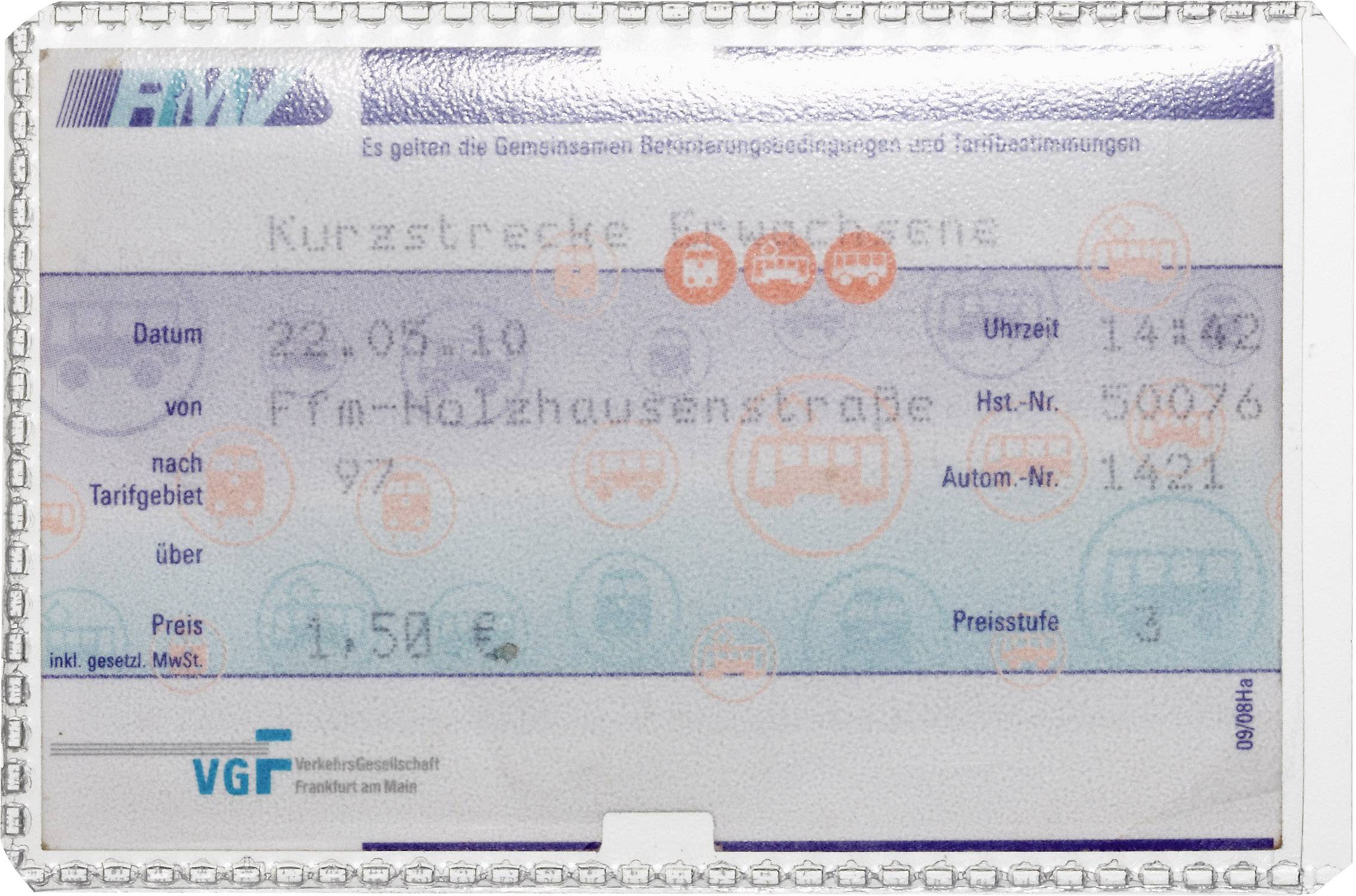 Jízdenka pro krátkou trasu pro dospělé ve Frankfurtu nad Mohanem, platná dne 22.05.10. Cena: 1,50 EUR. Dopravce: VGF.