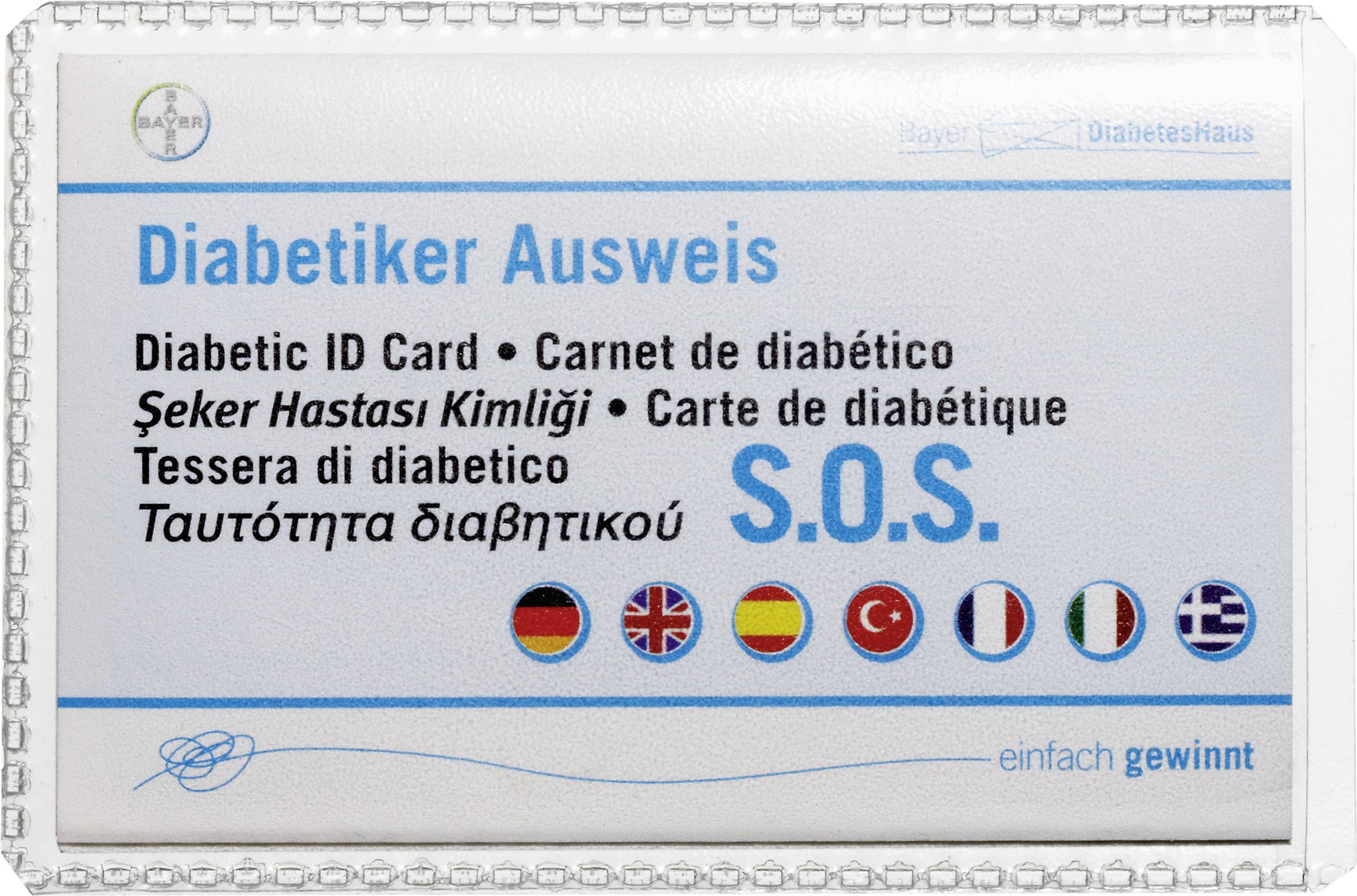 Na dokladu je nahoře napsáno "Diabetiker Ausweis". Pod tím je několik překladů, včetně "Diabetic ID Card". Dole jsou vyobrazeny mezinárodní vlajky.