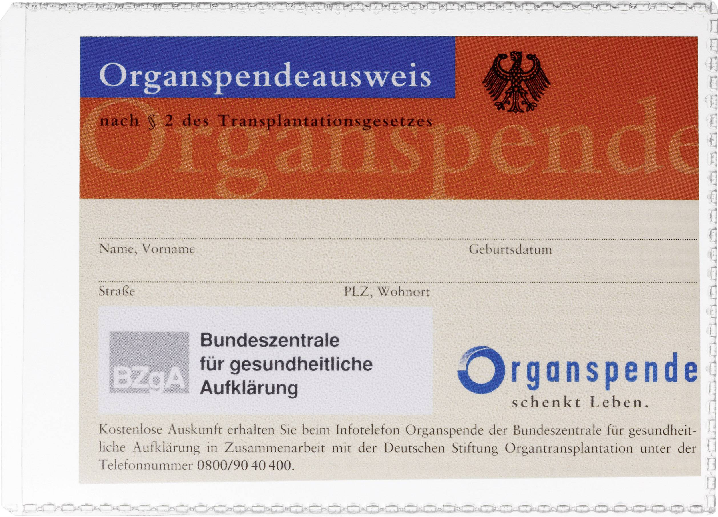 Průkaz dárce orgánů s políčky pro jméno, datum narození, adresu. Logo Spolkového centra pro zdravotní osvětu. Text: 'Darování orgánů daruje život'.