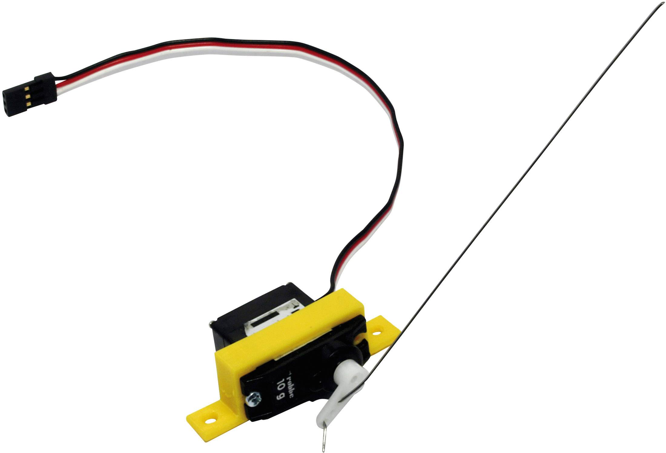 Servomotor se žlutým držákem a dlouhým kovovým ramenem, připojený žluto-černým kabelem se zástrčkou.