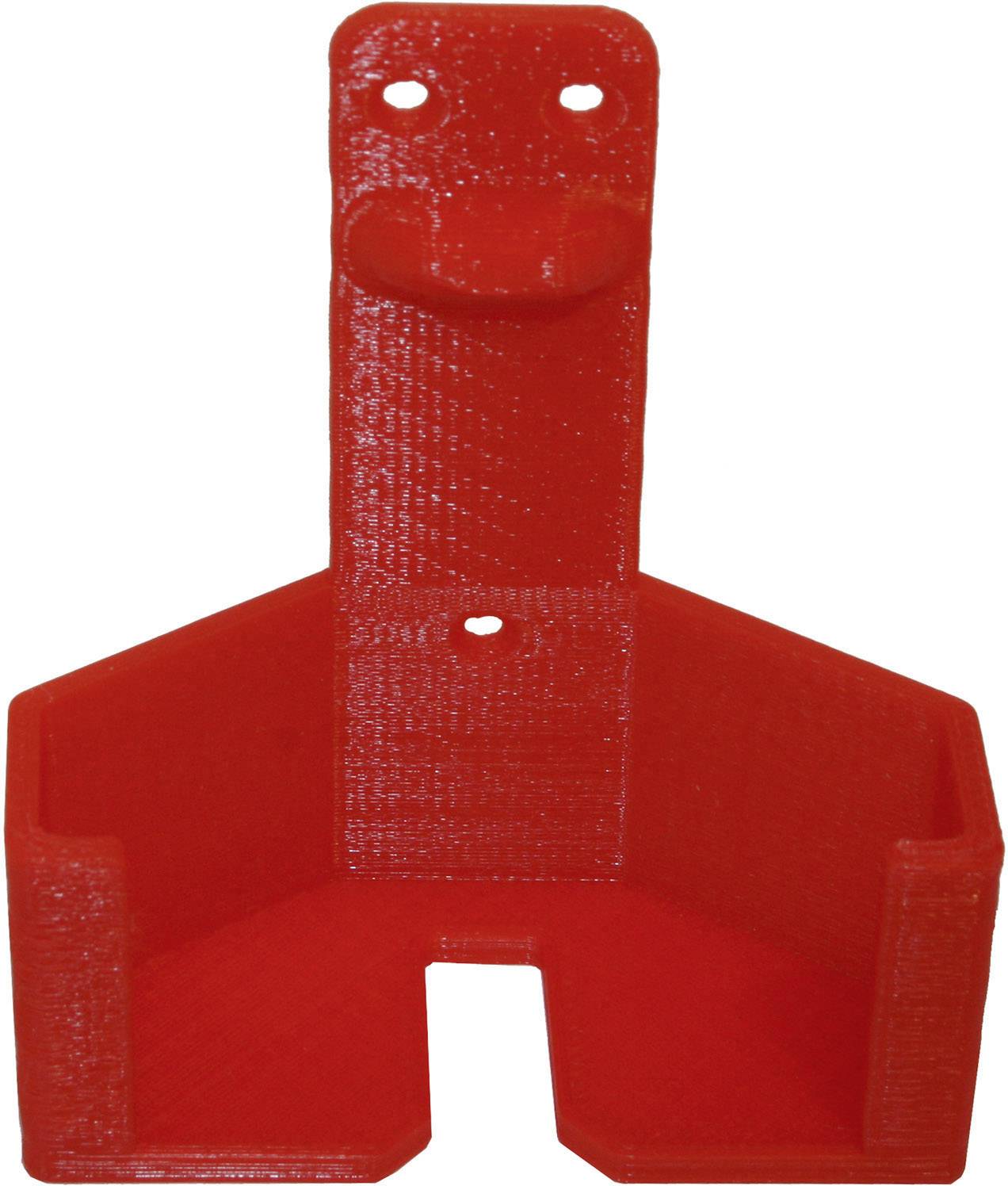 Červený nástěnný držák vytisknutý 3D tiskem se dvěma horními otvory pro upevnění. Má tvar písmene U s dolním otvorem.