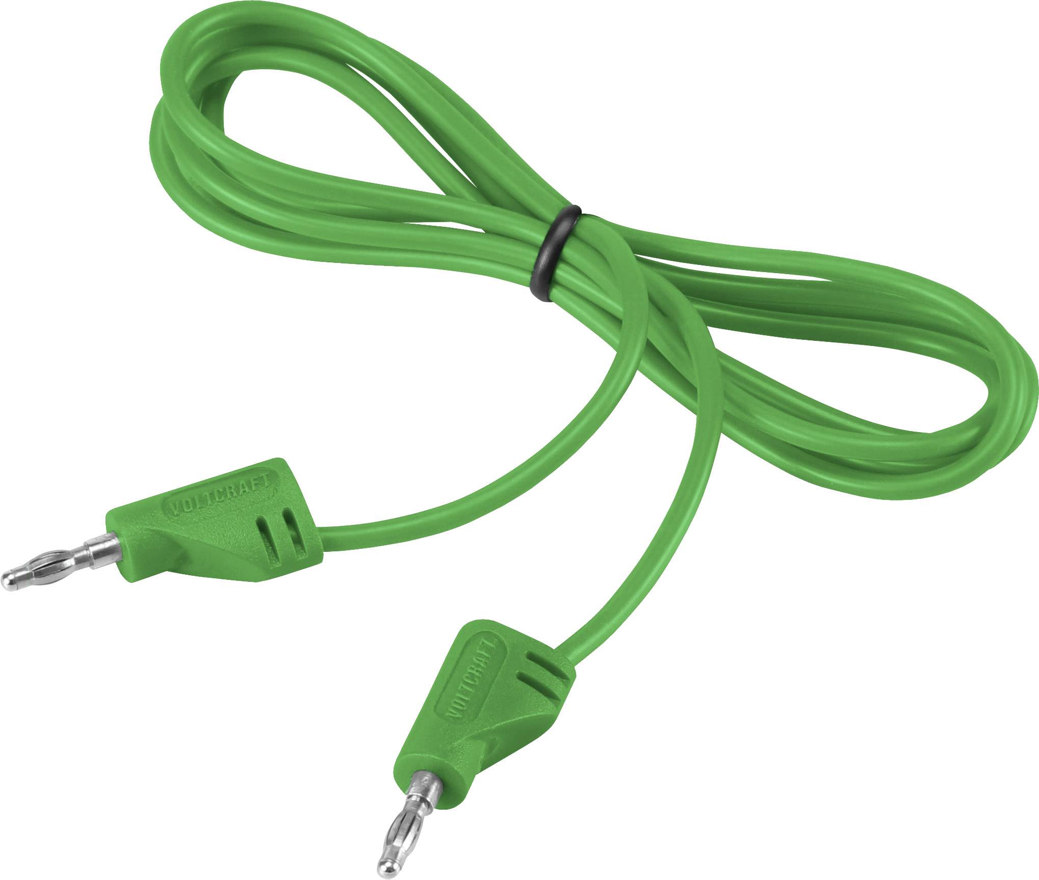 Zelený kabel se dvěma banánkovými konektory na koncích, které jsou spojeny elastickou páskou. Používá se především pro elektrické připojení.
