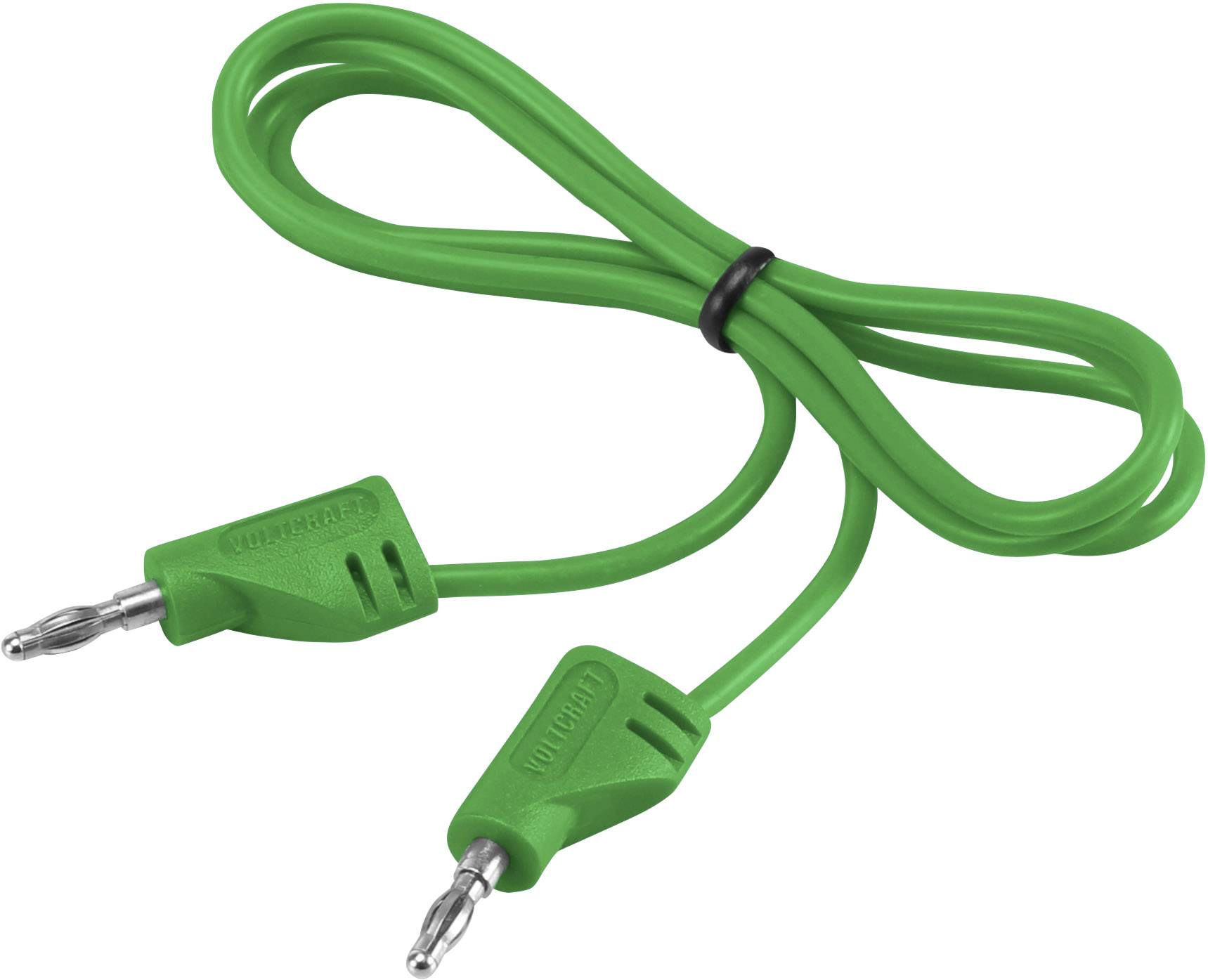 Zelený kabel se dvěma identickými konektory na koncích, oba s kovovým hrotem, ležící vedle sebe; kabel tvarovaný do smyčky.