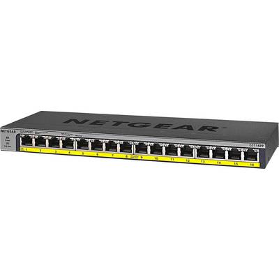 Černý síťový switch Netgear GS116PP s 16 ethernetovými porty. LED indikátory zobrazují stav napájení a PoE.