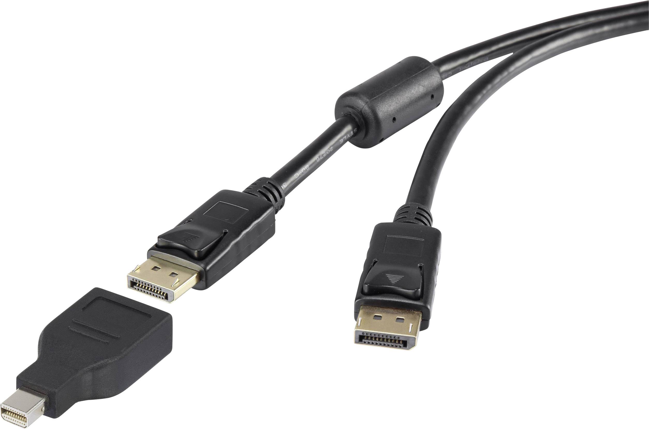Tři černé DisplayPort kabely a adaptér, které představují běžné konektory pro monitory nebo audiovizuální zařízení.