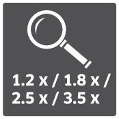 Ikona lupy se zvětšovacími stupni: 1,2×, 1,8×, 2,5×, 3,5×.
