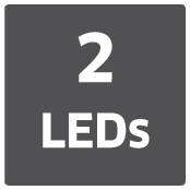 Čtvercová cedule s nápisem '2 LED'. Cedule je šedá a text je černý.