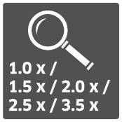 Lupa se štítkem s nápisy '1,0x / 1,5x / 2,0x / 2,5x / 3,5x', které ukazují možné úrovně zvětšení.