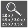 Lupa se štítkem s nápisy '1,0x / 1,5x / 2,0x / 2,5x / 3,5x', které ukazují možné úrovně zvětšení.